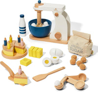 KiwiCo Bake-a-Cake wooden play kitchen set with toy stand mixer, cake and candles