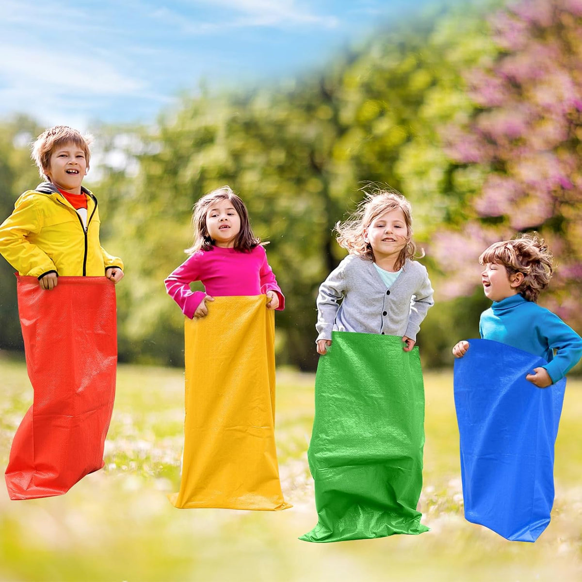 Warmfarm potato sack race bags in red, blue, green and yellow for kids and adults - view 4