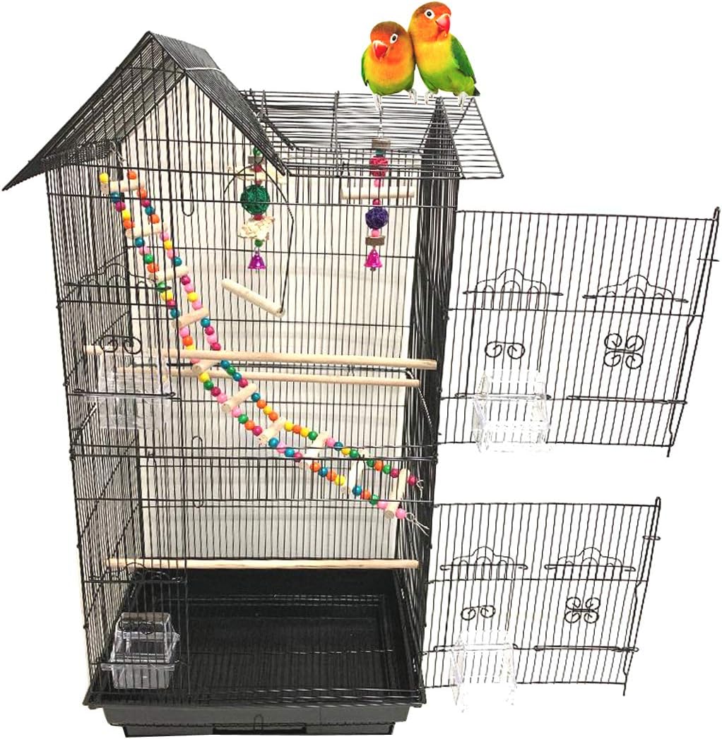 38-Inch Double Roof Top Large Bird Parrot House Cage – Essentials for Birds - 18.0"L x 14.0"W x 38.0"H / Black