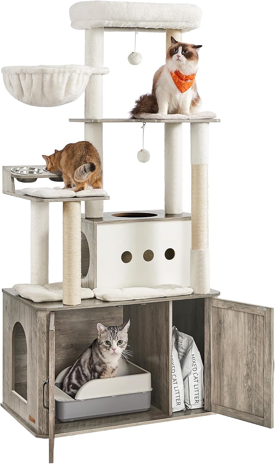 Feandrea Cat Tree, 66.9-Inch Cat Tower with Litter Box Enclosure – Essentials for Cats - Heather Greige
