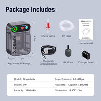 Live Bait Aerator,Ultra-Long Battery Life,Rechargeable Aquarium Air Pump 3w/24GPH(1800mAh Single Hole) IPX4 Magnetic Charging Design,Suitable for Fishing Enthusiasts,with Hose and Stone
