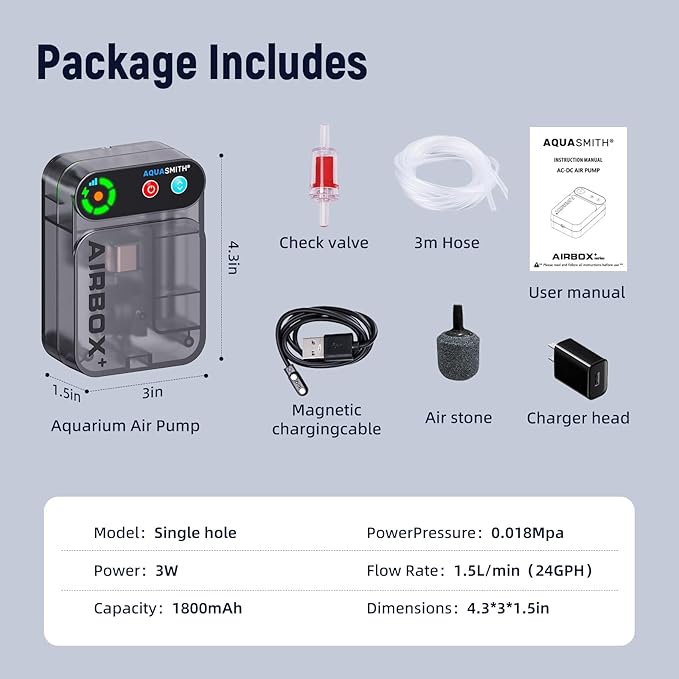 Live Bait Aerator,Ultra-Long Battery Life,Rechargeable Aquarium Air Pump 3w/24GPH(1800mAh Single Hole) IPX4 Magnetic Charging Design,Suitable for Fishing Enthusiasts,with Hose and Stone