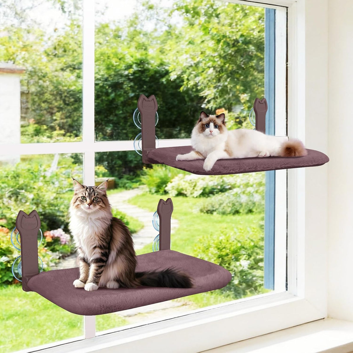 2 Pack Cat Window Perch,Cat Window Hammock Cordless Foldable Window Bed with 4 Large Strong Suction - Brown Cover