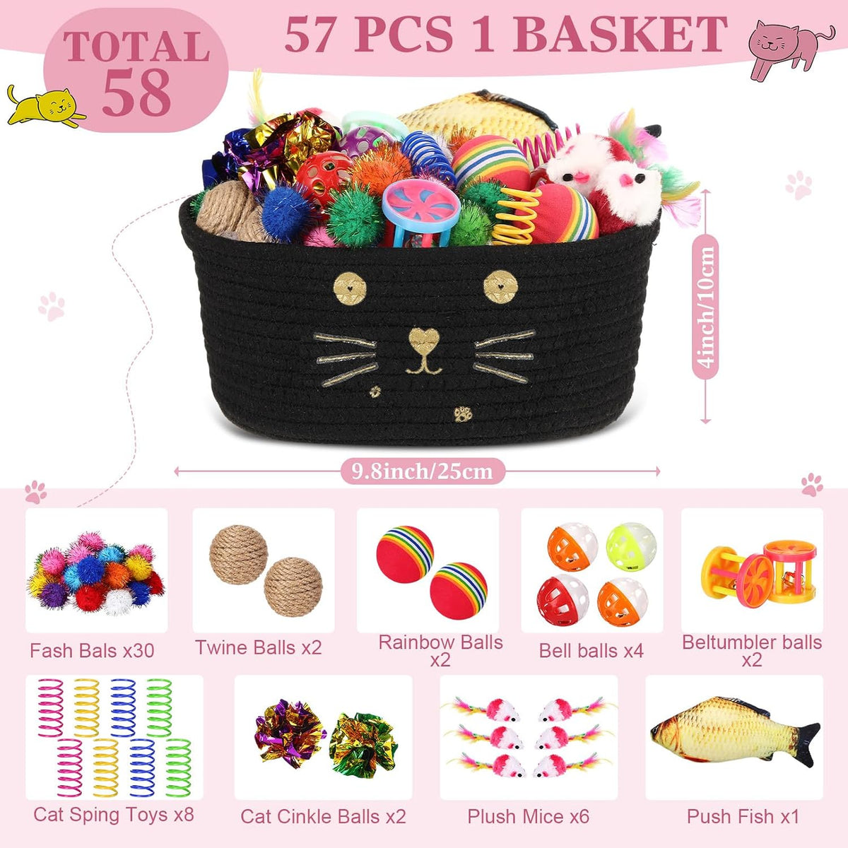 Zopeal 58 Pcs Cat Toy Set with Storage Basket Indoor, Grey - Black / 9.8 Inch - image 2