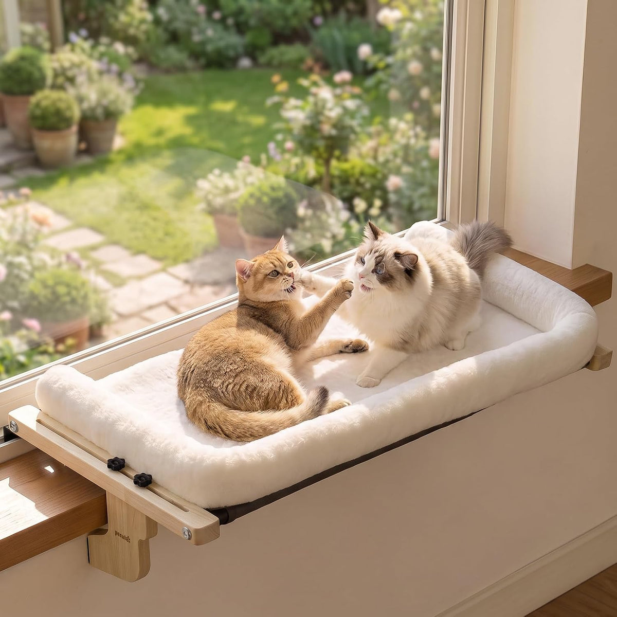 Pecute Cat Windowsill Perch, Cloud-Soft Cat Bed with Wood Frame - White / 31.5" x 15.8"