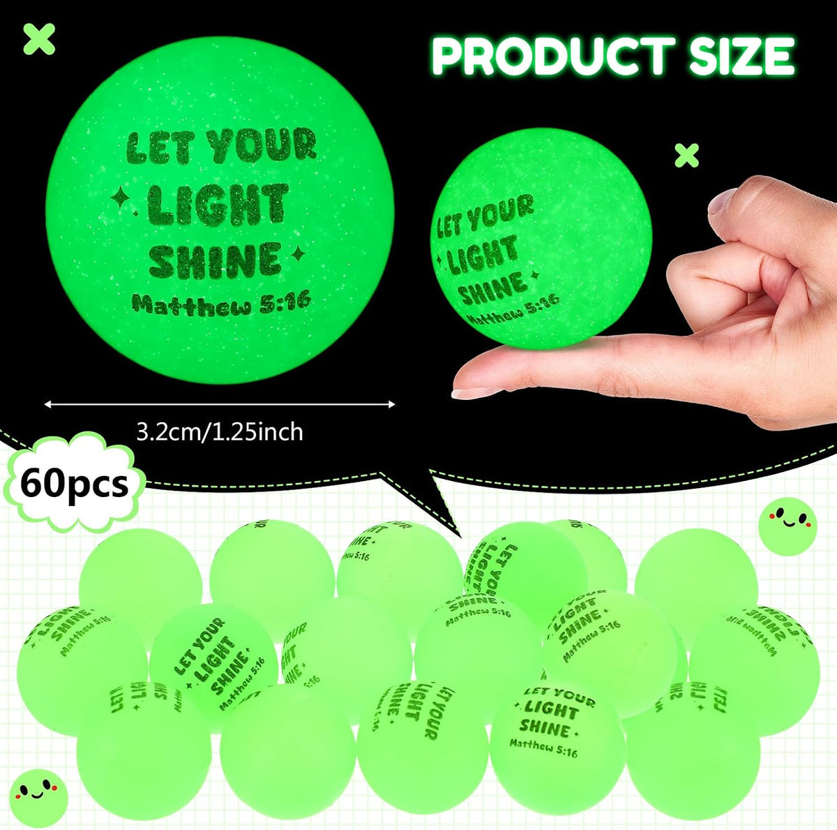 Seenelling 60 glow in the dark Halloween bouncy balls with skeleton print, green - view 38