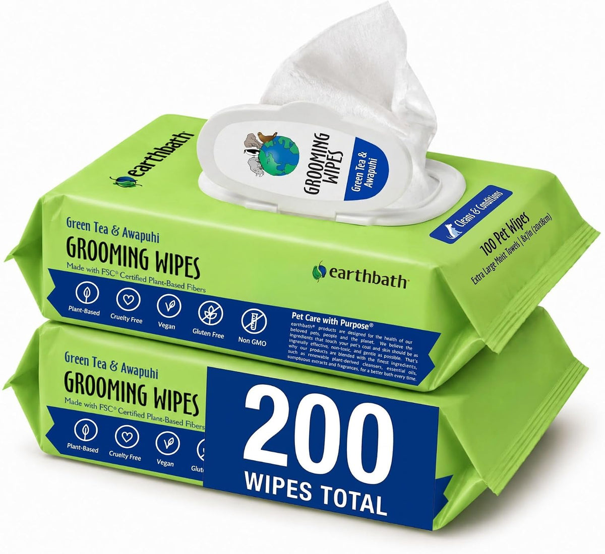 earthbath Oatmeal & Aloe Grooming Wipes - Green Tea & Awapuhi / 100 Count (Pack of 2)