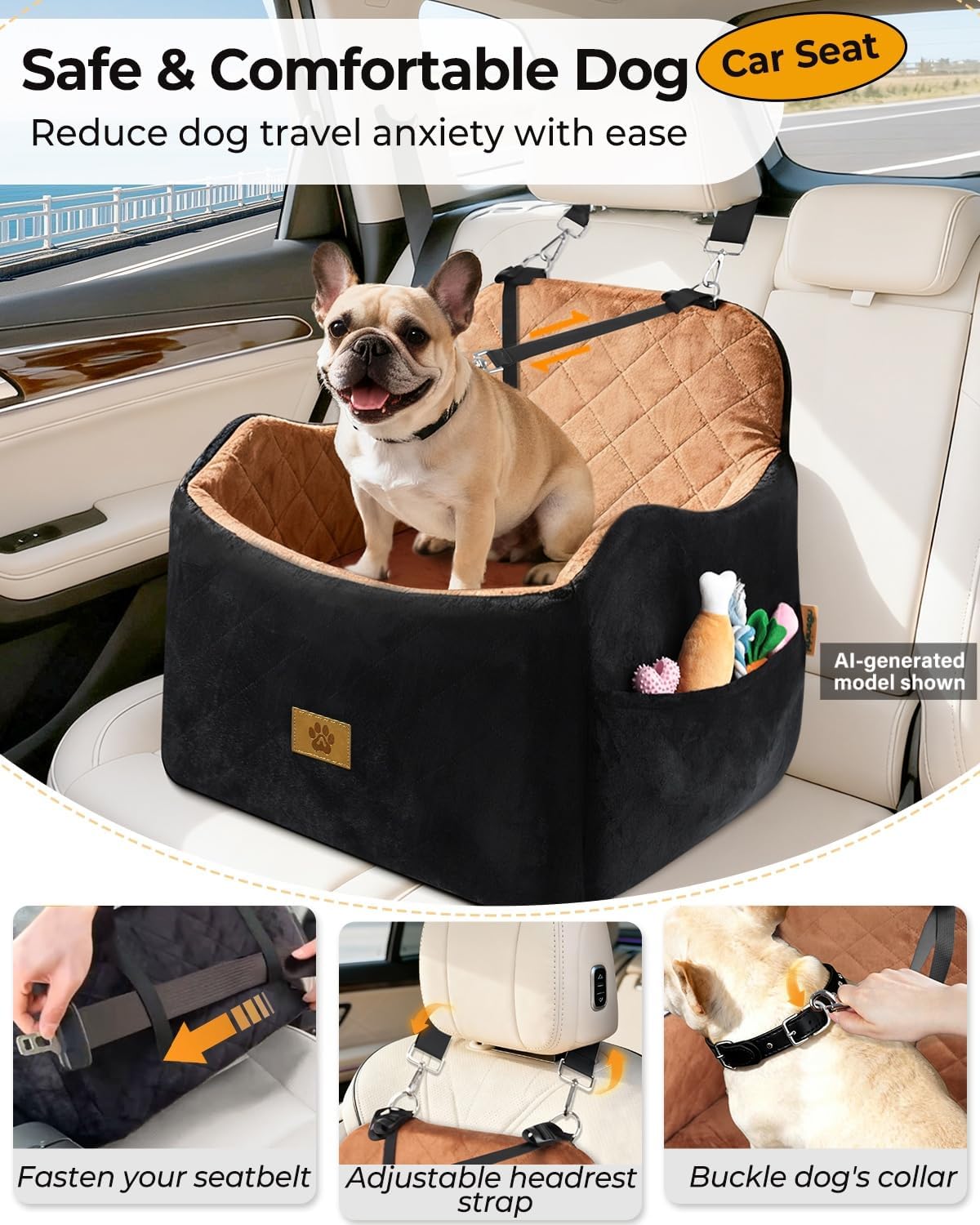 Dog Car Seats for Small Dogs Up to 35 lbs - Black/Brown - image 4