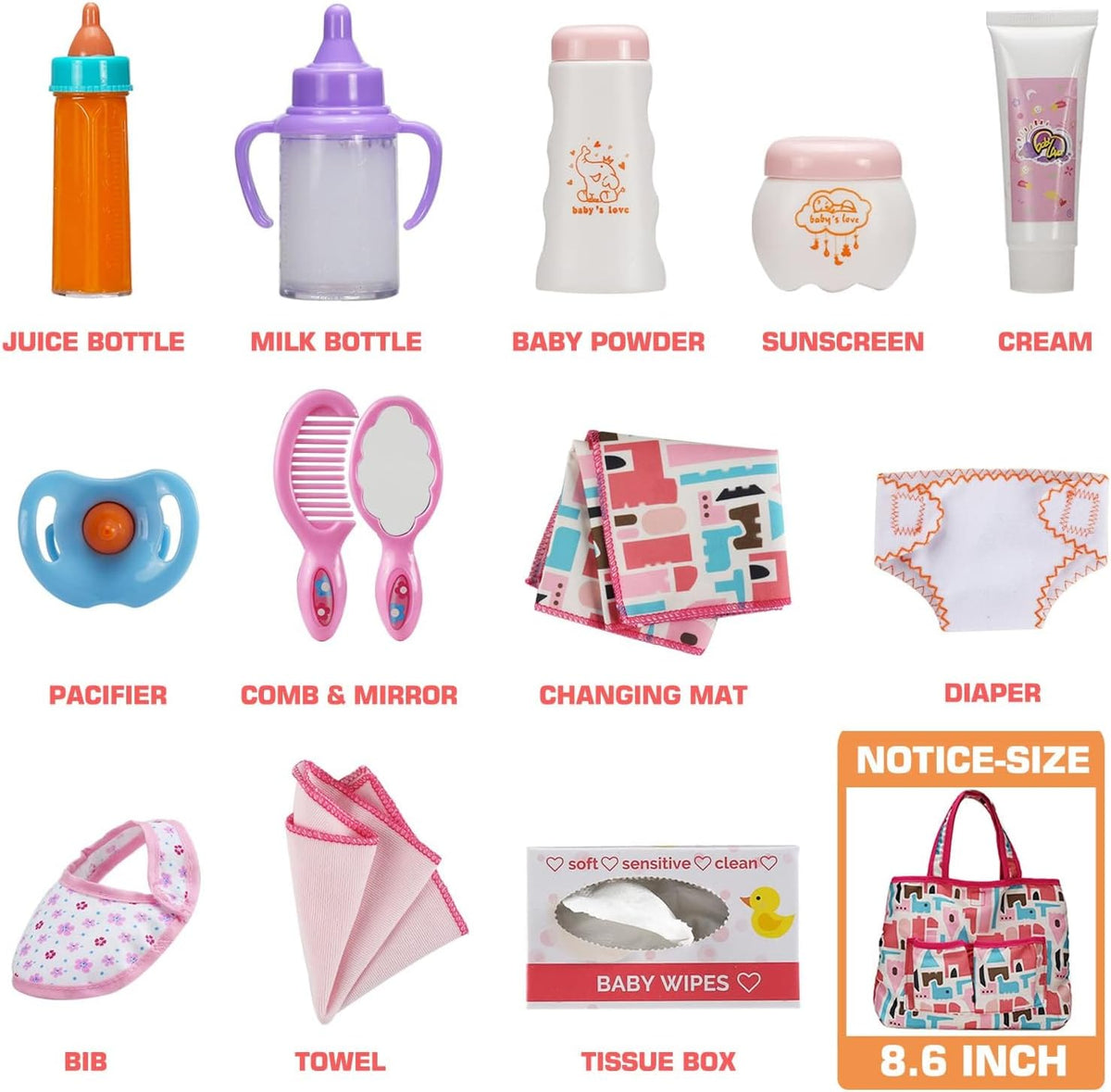 14 Pack Baby Doll Feeding and Caring Set with Diaper Bag – Fun for Kids & Family - image 2