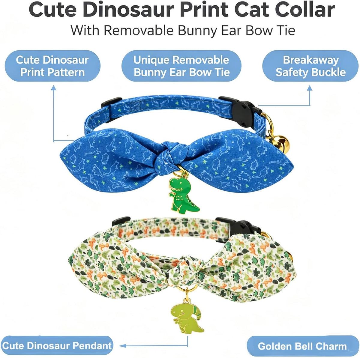Cotton Bowtie Cat Collar with Bell 2 Pack Adjustable Breakaway Kitten - Dinosaur Set / 7.5-11.4 Inch (Pack of 2) - image 2