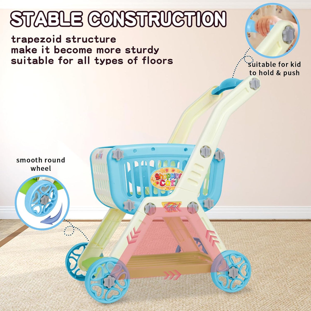 Ming You 2-in-1 Kids Shopping Cart Toy with Pretend Play Foods - Blue - image 4
