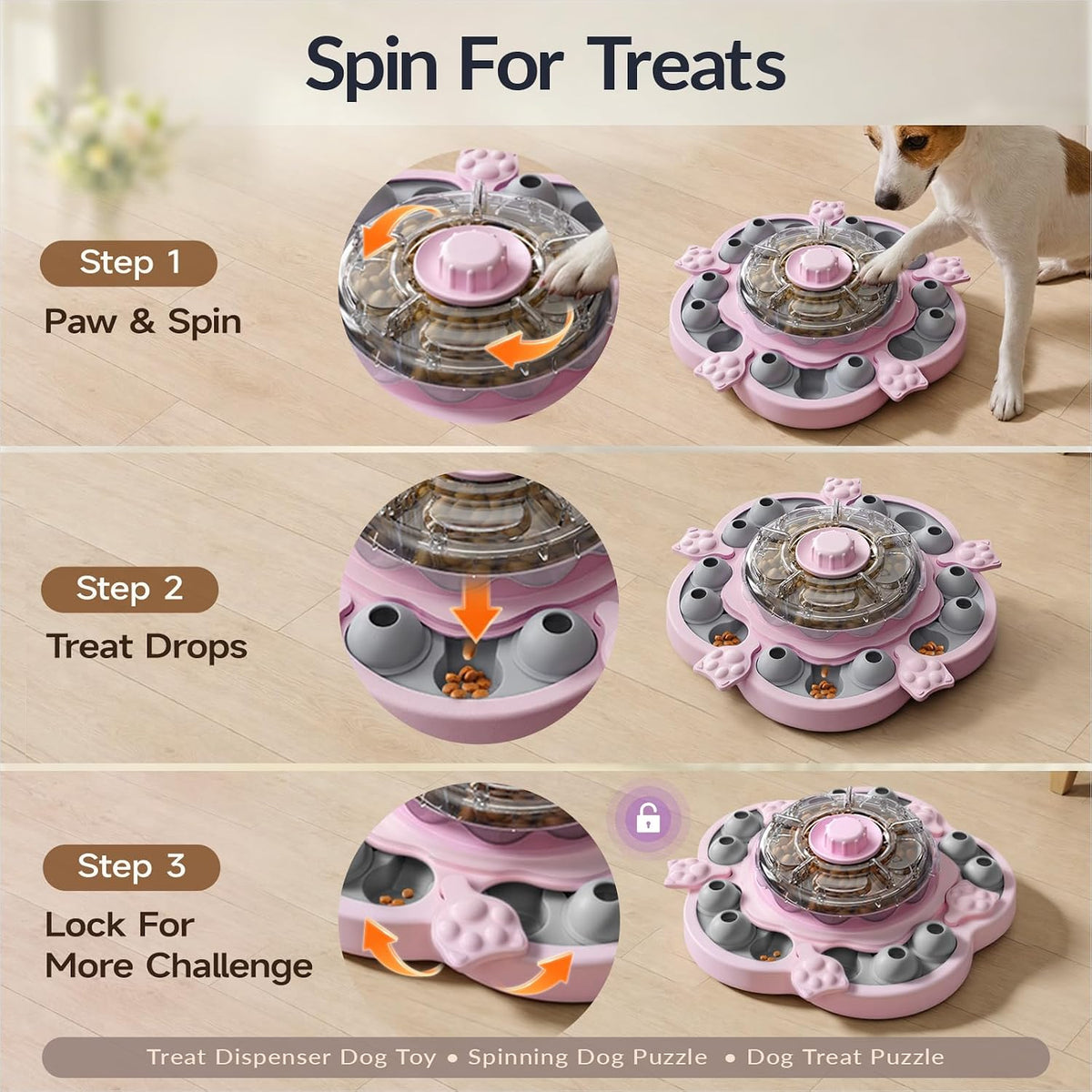 3-Level Dog Puzzle Toy, Spin to Release Treat Dispenser & Slow Feeder – Essentials for Dogs - Pink - image 4