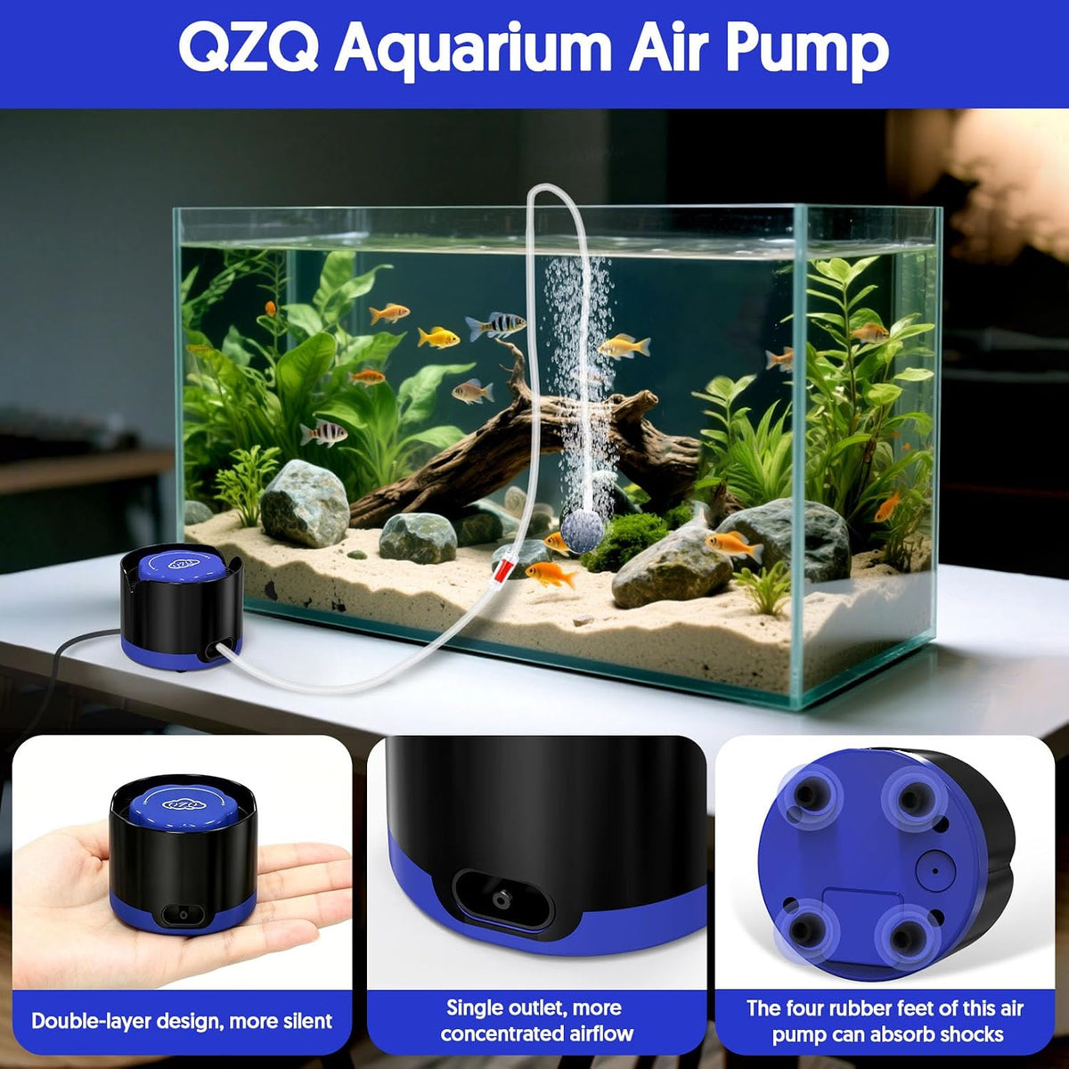 Aquarium Air Pump, Quiet Fish Tank Air Pump with Dual Outlets - 2W (Up to 20 Gallon) - image 2