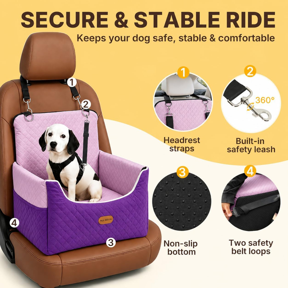 ALL GOOD PET SUPPLIES Dog Car Seat for Small/Medium Dogs Under – Essentials for Dogs - Purple - image 2