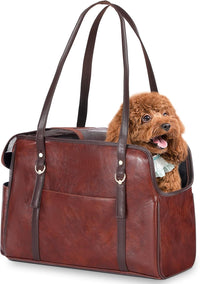 Dog Carrier Purse, Fashion Leather Pet Carrier with Pockets - Coffee