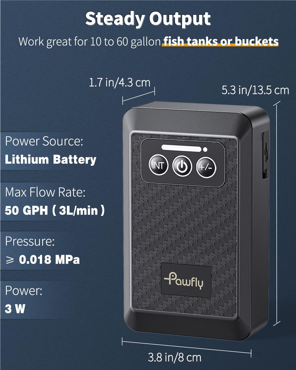 Pawfly Aquarium Lithium Battery Powered Air Pump USB Rechargeable - 10 to 60 Gal（3 W） - image 2