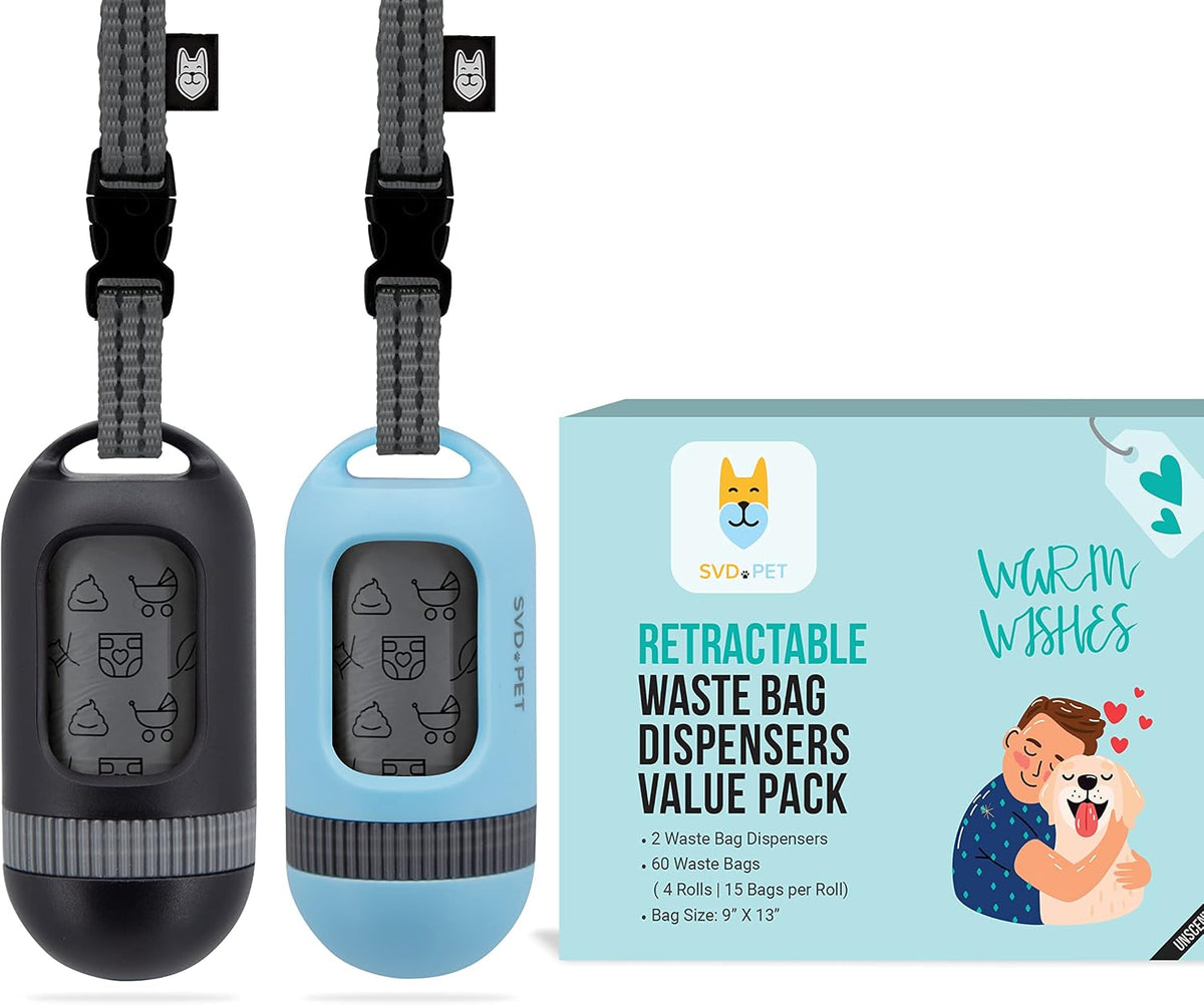 SVD.PET Dog Poop Bag Dispenser, Waste Bag Retractable, Black – Essentials for Dogs - 2-Pack -Black/Columbia Blue