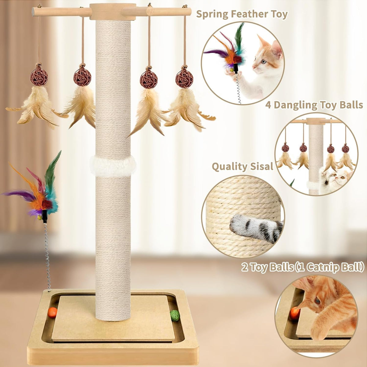 Cat Scratching Post, Sisal Scratcher with Enrichment Toys for Indoor Cats – Essentials for Cats - 33 Inches Tall / Single Track - image 2