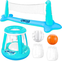 JOYIN Inflatable Pool Float Set Volleyball Net & Basketball Hoops - Blue Cyan / Large