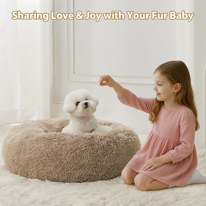 WNPETHOME Calming Dog Bed, Anti-Anxiety Donut Small Dog Bed, Fluffy Faux Fur Cat Cushion, 27 x 27 inch, Brown