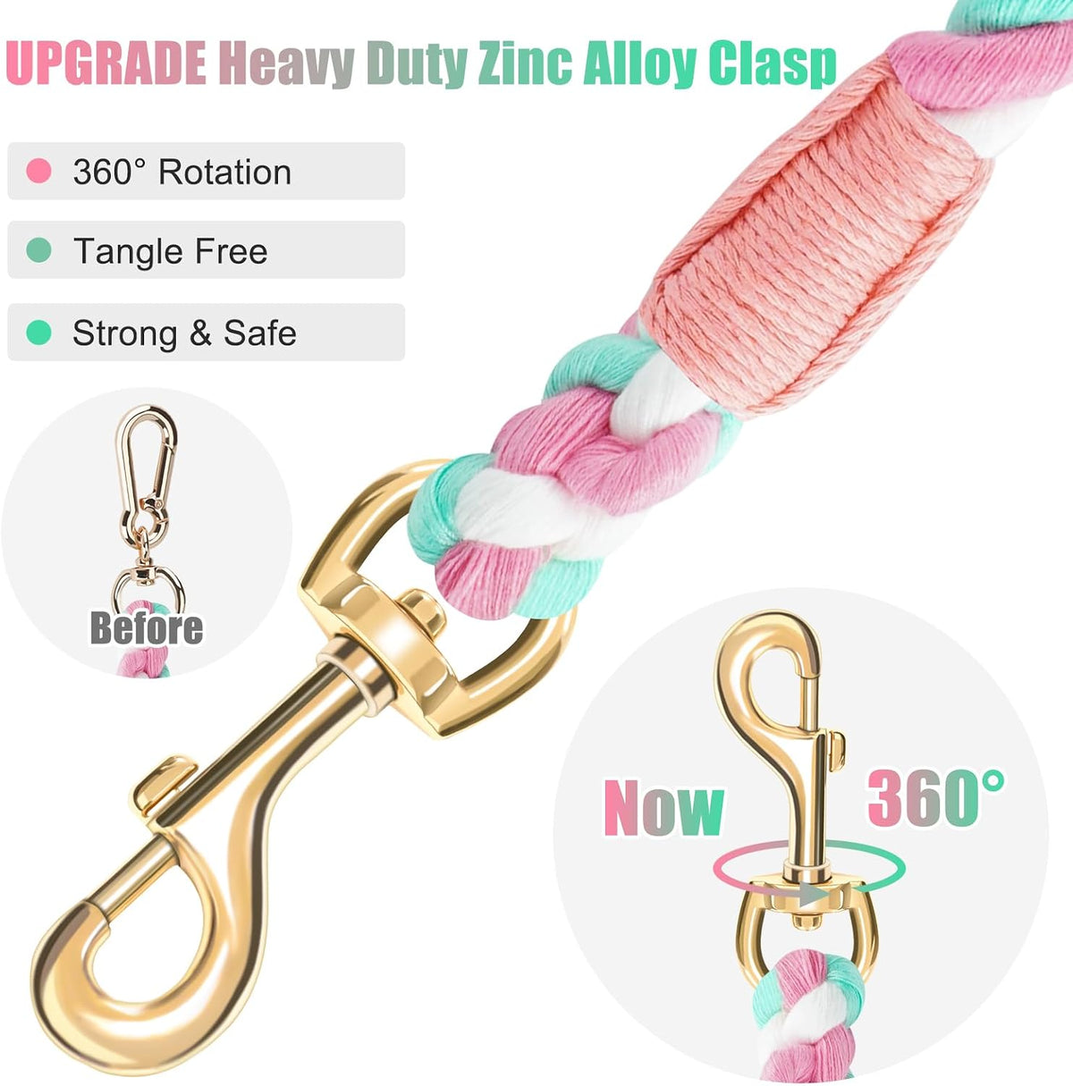 5 FT Handmade Rope Dog Leash for Small Medium and Large Dogs – Essentials for Dogs - 6FT x 1/2in (Pack of 1) / Cherry Blossom Pink - image 4