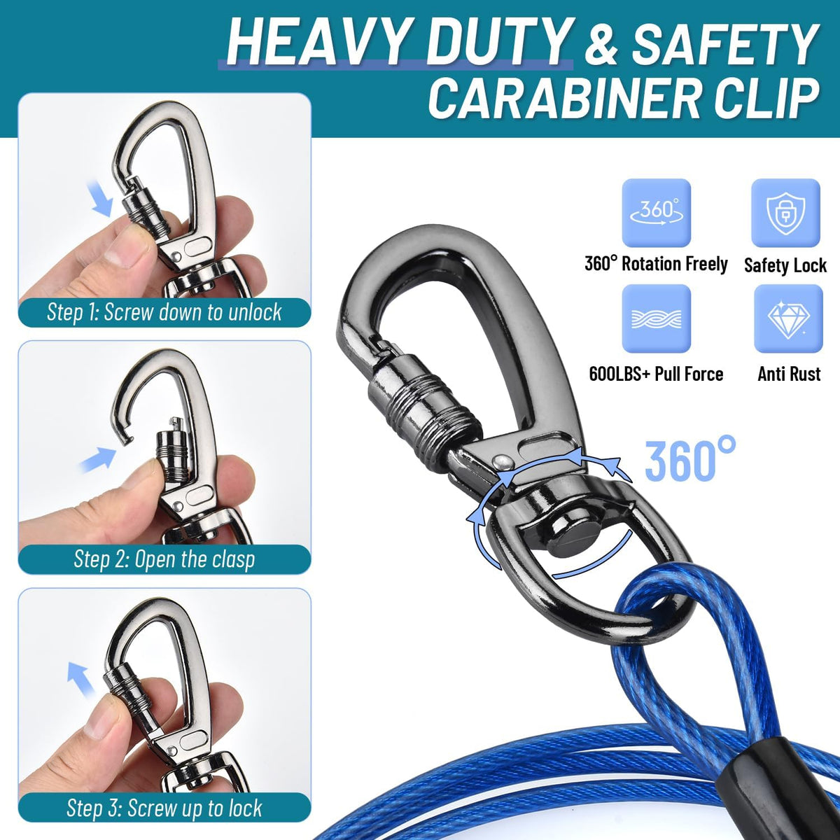 Dog Runner for Yard, Heavy Duty 100FT Dog Runs for Outside with 10FT Tie Out Cable, Trolley System - 100ft run cable+10ft tie out cable / Dark Blue - image 4