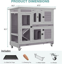 2-Tier Indoor Rabbit Hutch Bunny House Guinea Pig Cage with Sliding Plastic Trays, Wheels & Ramp, 47.2" Multi-Door Wooden Small Animal Cage for Rabbits, Bunnies, and Guinea Pigs (Grey)
