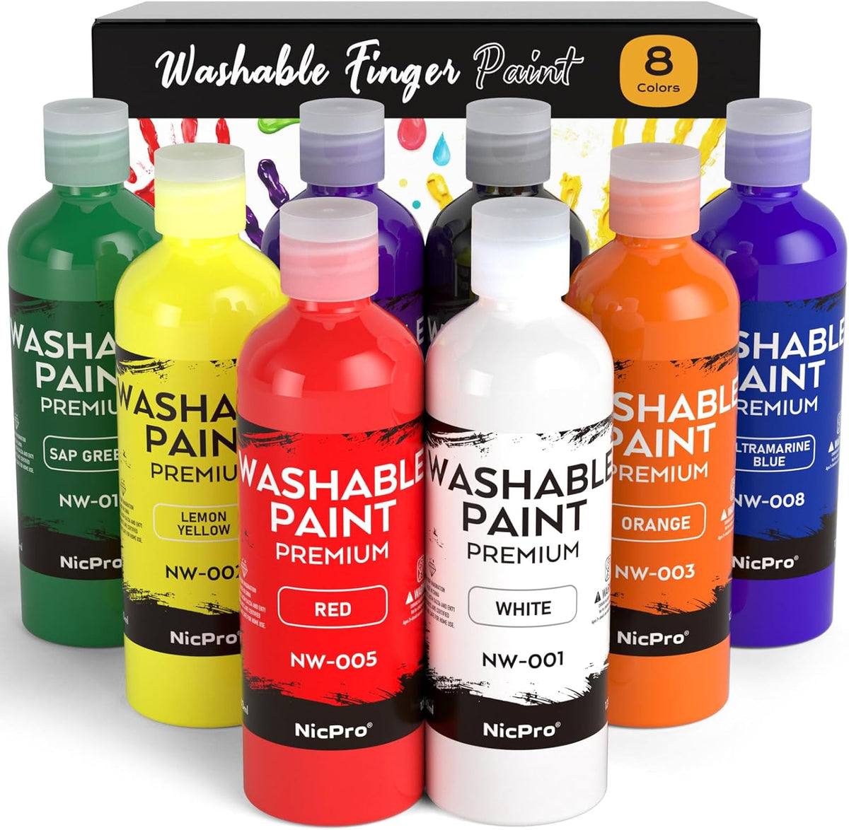 Nicpro 18 Colors Large Washable Paint Set for Kid - 8 Colors / 4 Fl Oz (Pack of 8)