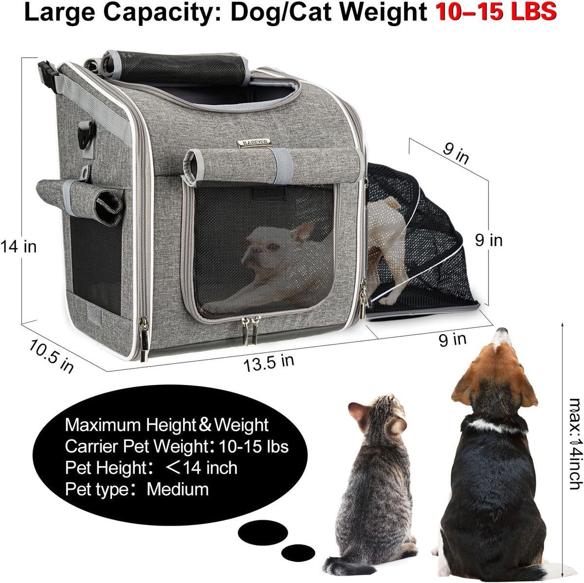 Dog Bike Basket, Expandable Soft-Sided Pet Carrier Backpack with 4 Open Doors, 4 Mesh Windows - Grey-Fits 10-18 Lbs - image 3