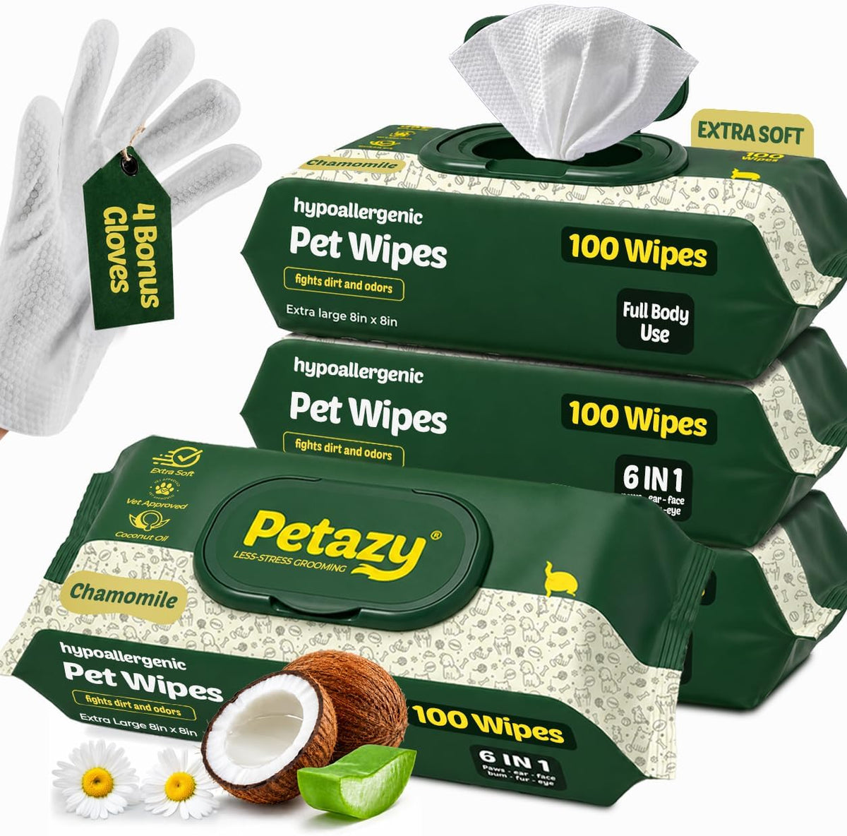 Pet Wipes for Dogs & Cats, Paws, Ears & Butt Cleaning - Chamomile / 400