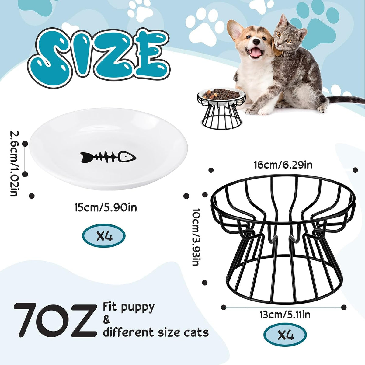 4 Sets Elevated Cat Bowls Ceramic Raised Cat Food Bowls with Metal - Black / Fishbone - image 2
