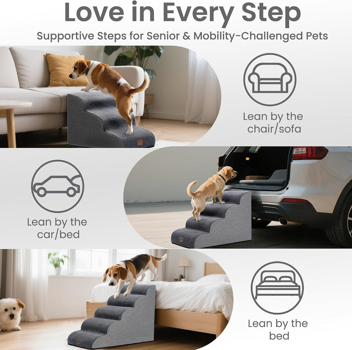 Dog Stairs for Small Dogs, 3-Step Pet Steps for Couch Sofa - Grey / 3 / 3-Step (22.4"D x 15.7"W x 15.7"H) - image 4