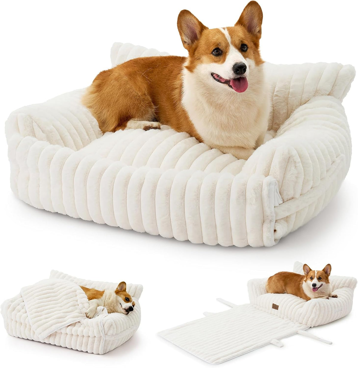COZY KISS Cute Cat Couch, Fluffy Sofa Bed for Cats and Small Dogs, Premium Faux Rabbit Fur Cats - Cream / Medium: 32'' x 24''