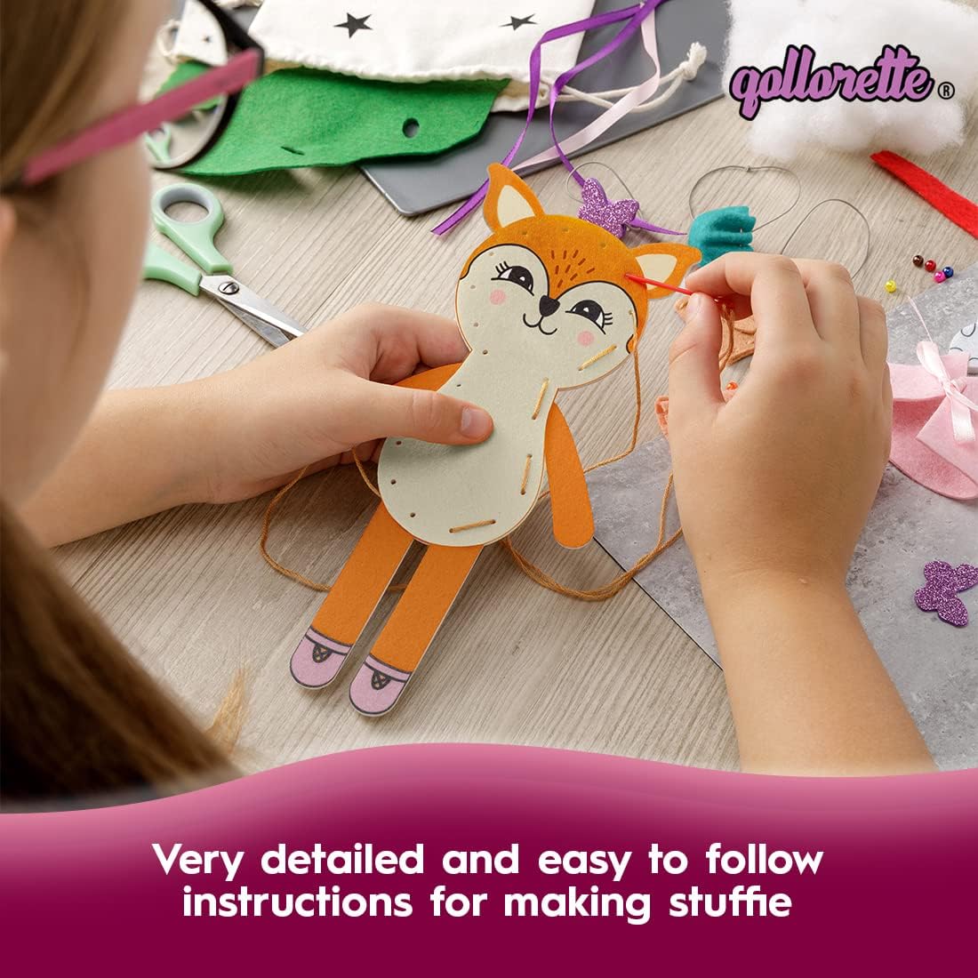 Qollorette felt sewing kit for kids with a handmade kitty stuffed toy and outfits - view 10