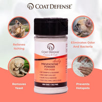 COAT DEFENSE Preventative Powder | Made in USA | 3.5oz Waterless Dog Shampoo & Pet Deodorizer for Smelly Dogs | Provides Anti Itch Relief | Dog Shampoo for Dry Itchy Skin & Smelly Dogs