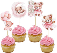 Gyufise 36Pcs Baby Shower Bear Cupcake Toppers Moon Baby Bear Baby - Pink