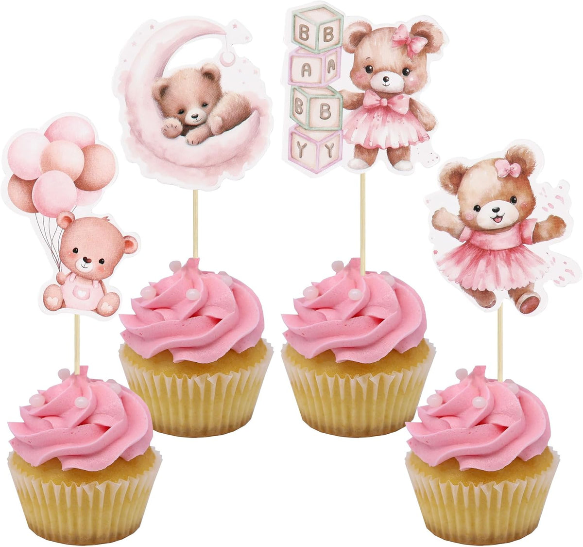 Gyufise 36Pcs Baby Shower Bear Cupcake Toppers Moon Baby Bear Baby - Pink