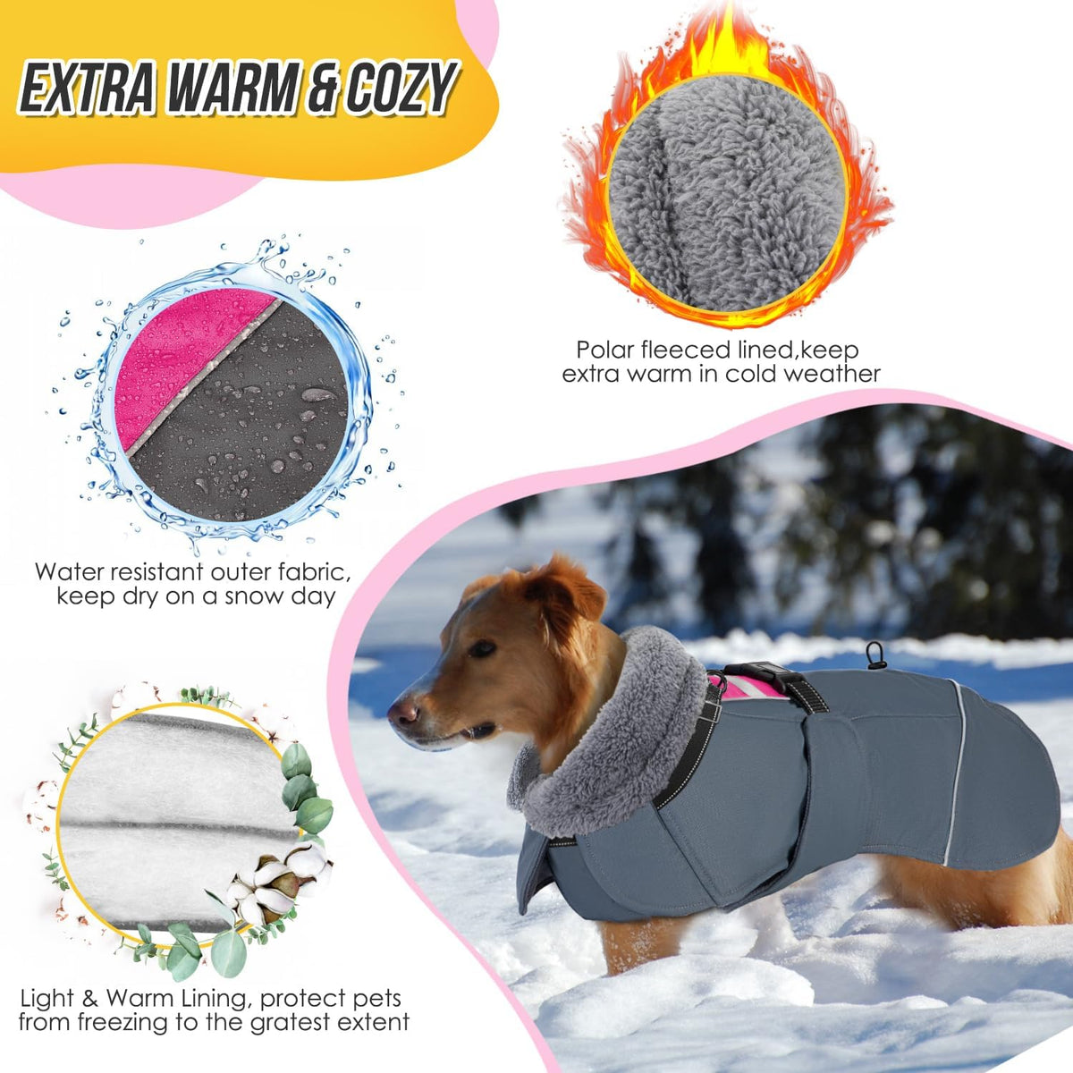 SlowTon Dog Winter Coat, 3 Layers Thick Warm Fleece Lining Dog Jacket – Essentials for Dogs - X-Large / Fuchsia - image 3