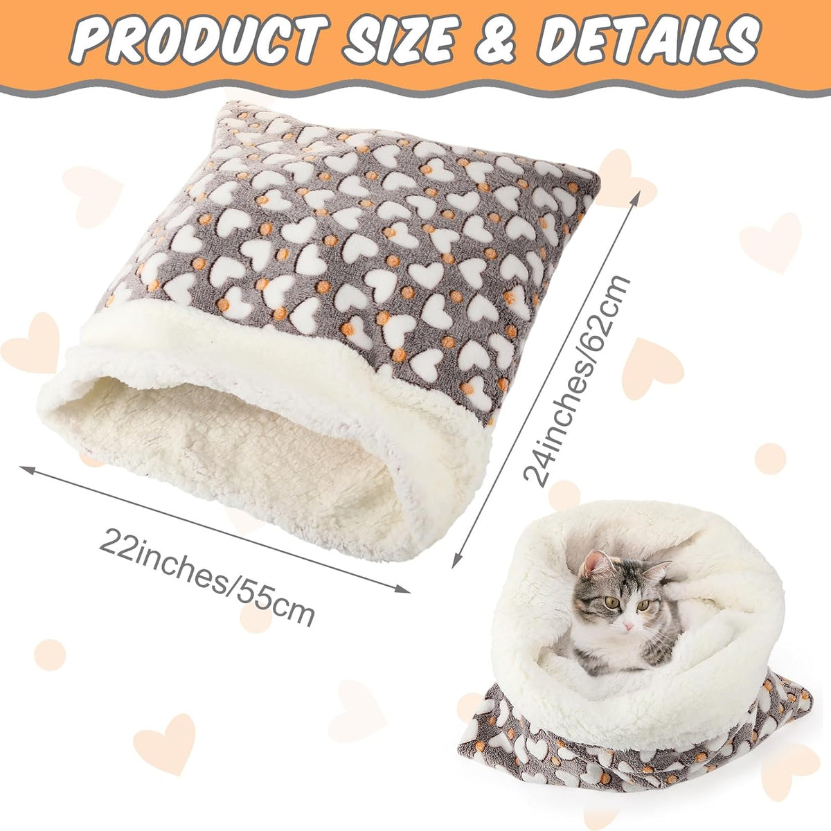 Self Heating Cat Sleeping Bag Indoor Self Warming Cat Bed Cave Heated - Heart / Gray - image 2
