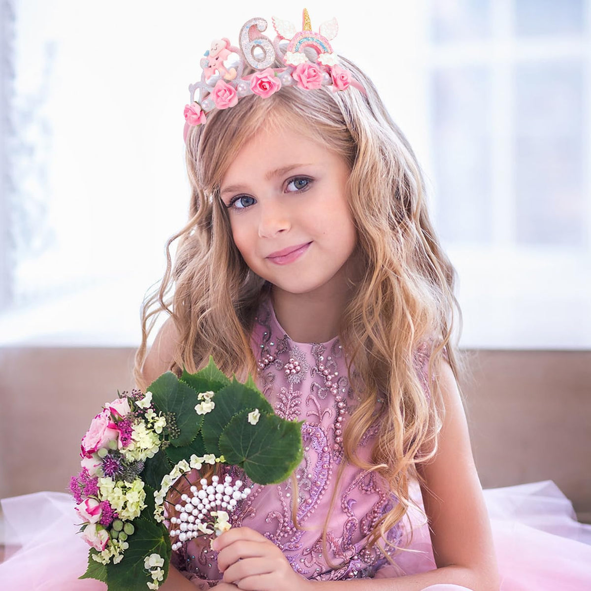SuPoo 4th Birthday Headband Flower Crown for Girls Princess Tiara 4th - Pink-6th - image 2