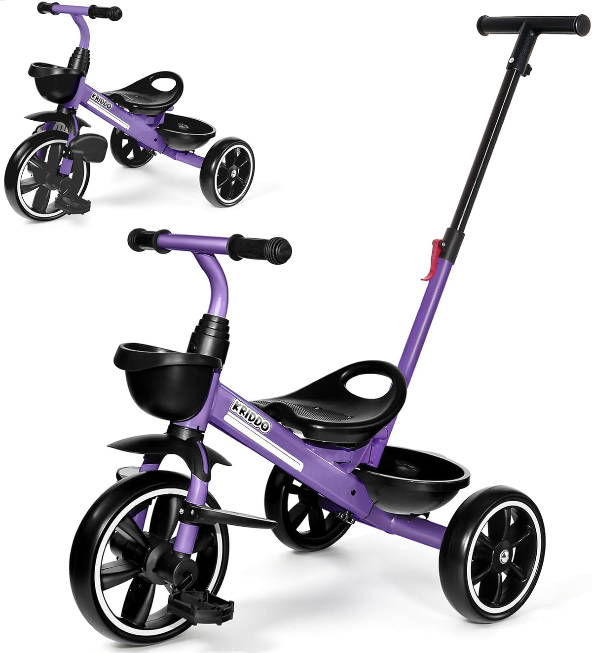 KRIDDO 2-in-1 Toddler Tricycle with Push Handle: Ages 18 Months to 5 - Purple