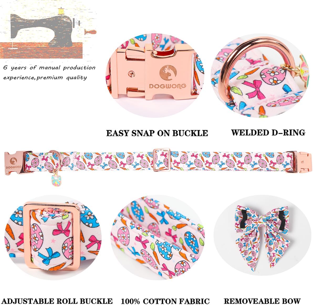 DOGWONG Fall Pumpkin Orange Plaid Dog Collar - C-Easter egg sailor bow / XL - image 3