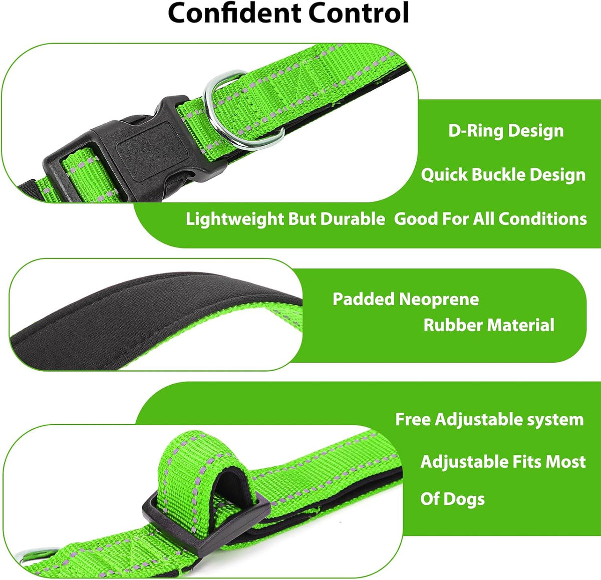 Reflective Dog Collar, Adjustable Nylon for Medium Dogs - Green / S:width 5/8"neck 10.5-16" - image 4