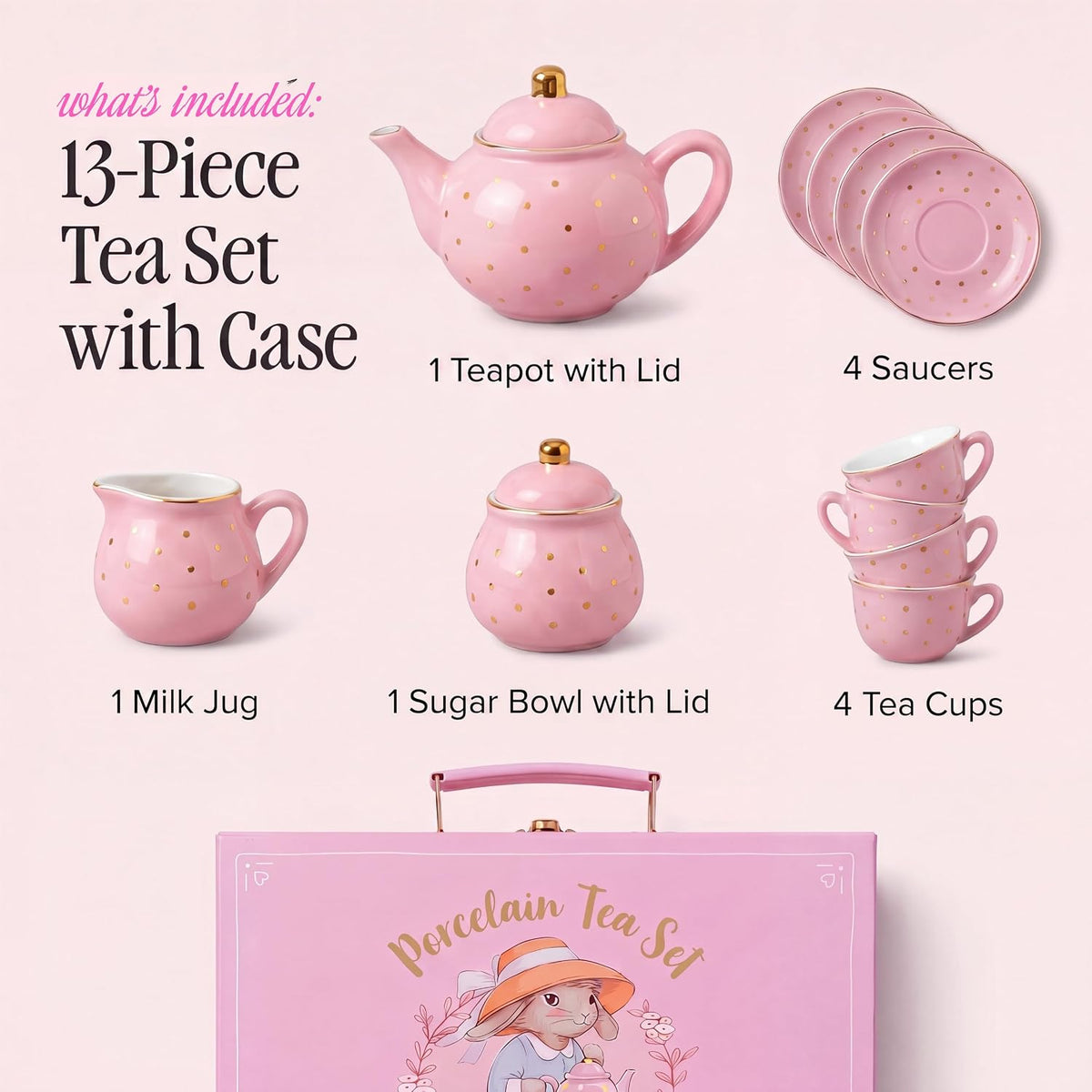 Giggle & Honey white floral tea party set for girls with porcelain teapot, cups and carrying case - view 10