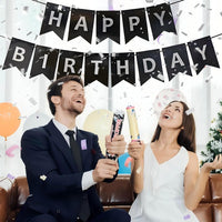 Happy Birthday Banner,Pre-Strung Black and Gold Party Decorations，16ft Pre-Strung Hanging Sign - black-silver - image 2