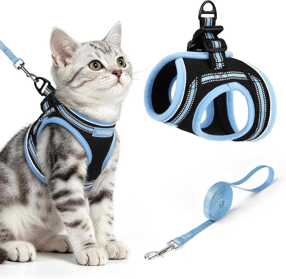 rabbitgoo Cat Harness and Leash Set, Step-in Soft Vest - M / Black & Light Blue