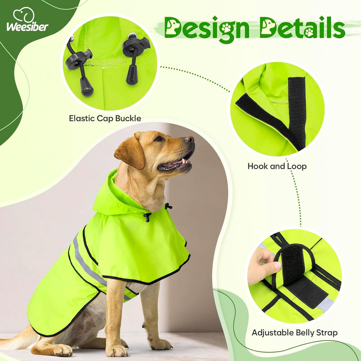 Weesiber reflective waterproof dog raincoat with adjustable neck and belly straps - view 2