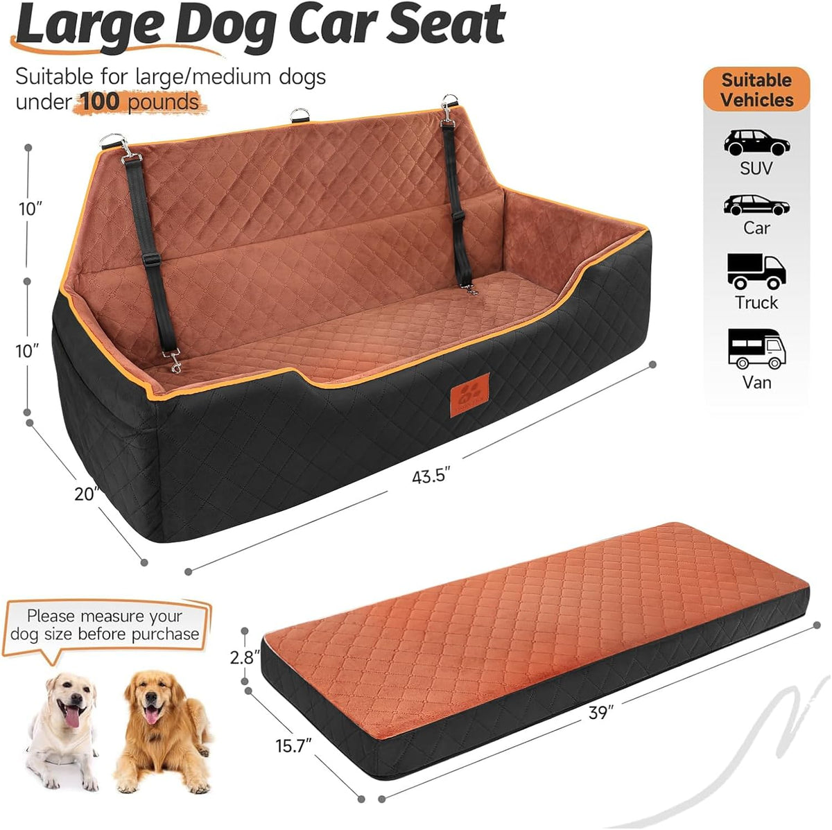 XIEEAOZEE Large Dog Car Seat for Pets Under 100 lbs - Black/Brown - image 3