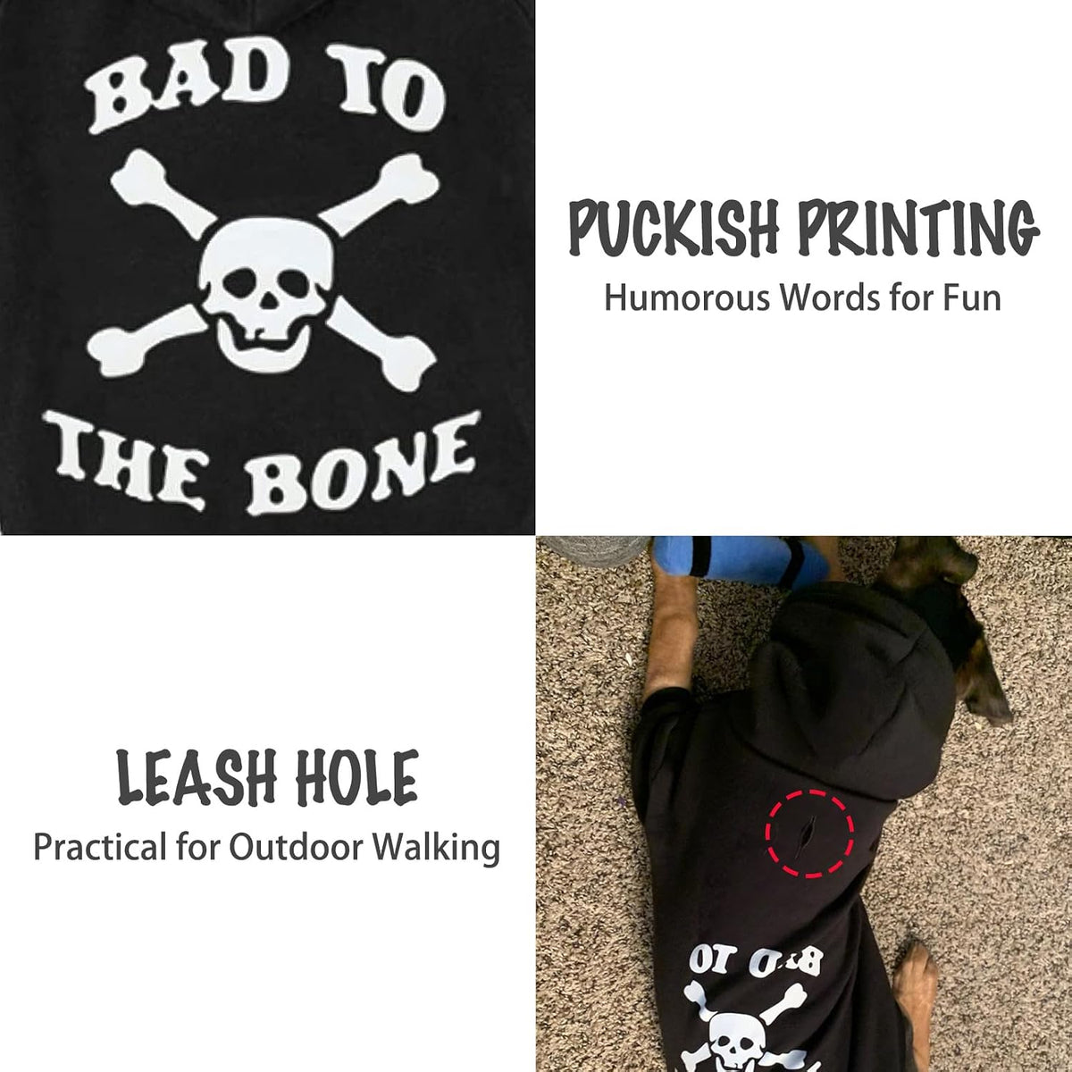 Bad to the Bone Halloween dog hoodie in size M, cotton polyester blend with leash hole - view 3