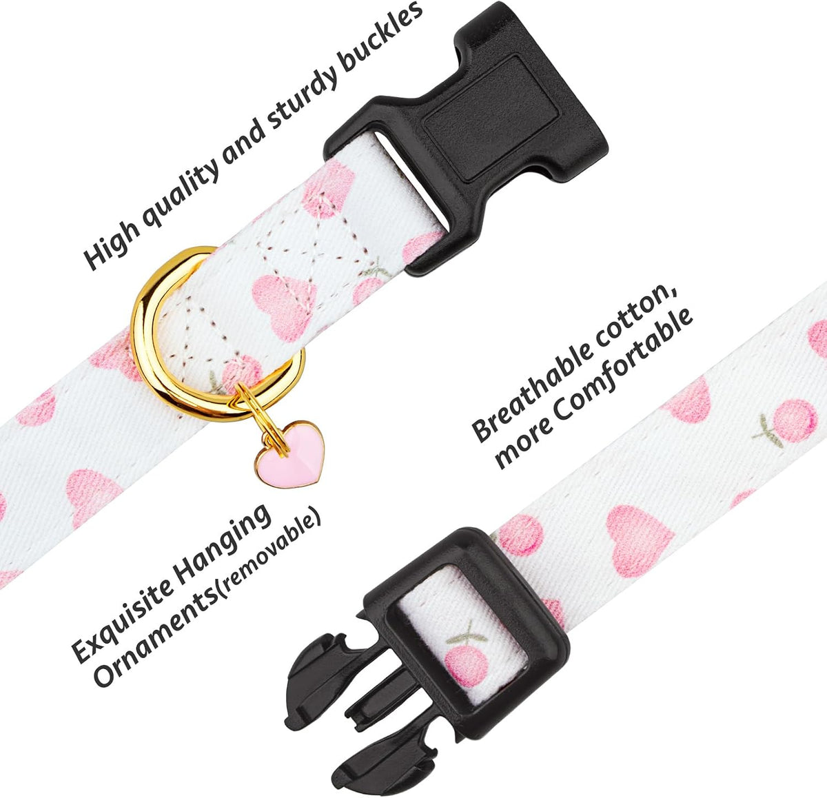 Cotton Dog Collar White and Pink Love Heart with Pendant Cute Dog - White&Pink Love Heart / S - image 2